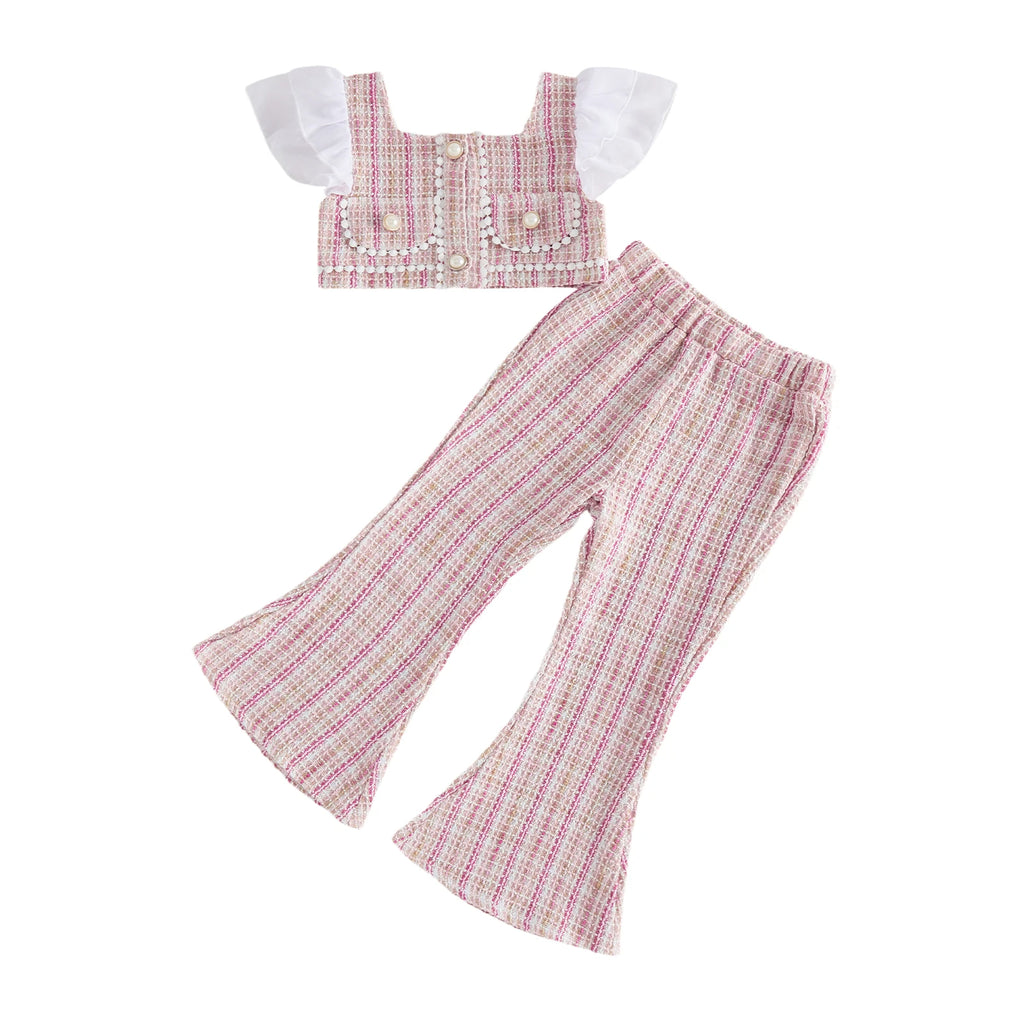 Girls Summer Outfit Set with Short Sleeve Top and Flare Pants