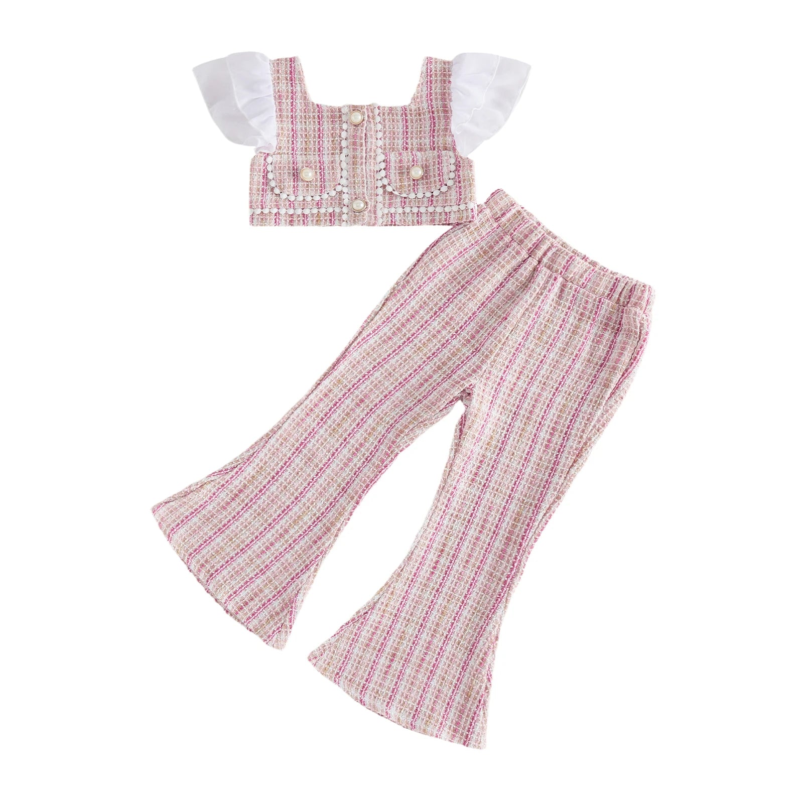 Girls Summer Outfit Set with Short Sleeve Top and Flare Pants