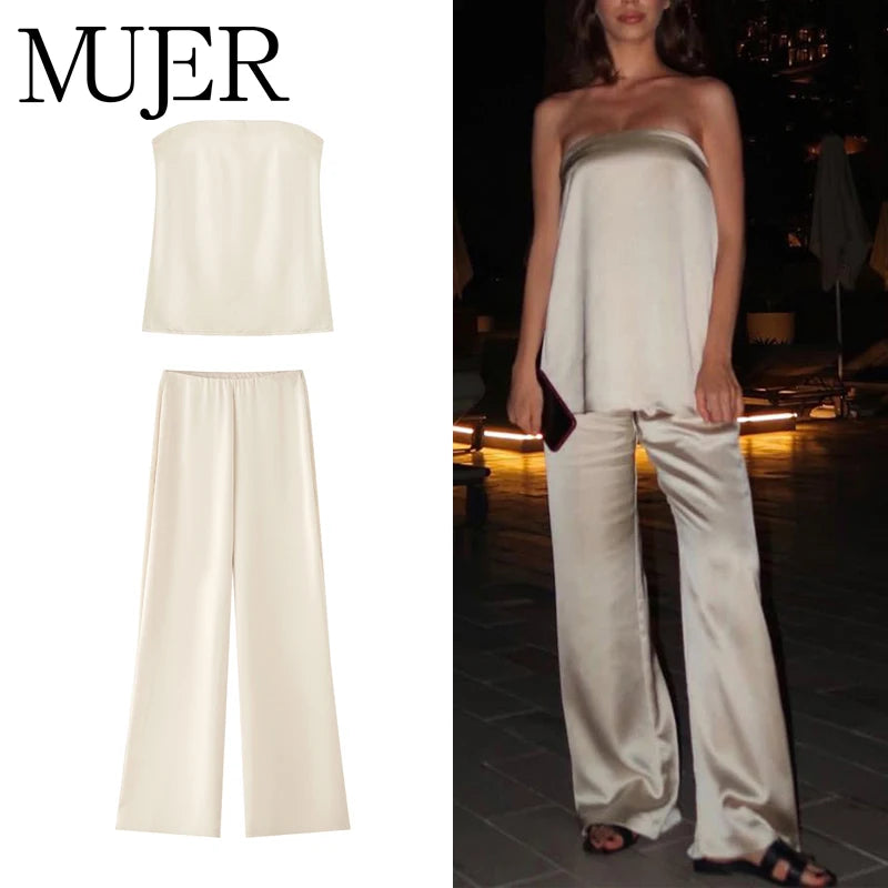 MUJER Women's Satin High Waist Pants for Casual Summer Wear