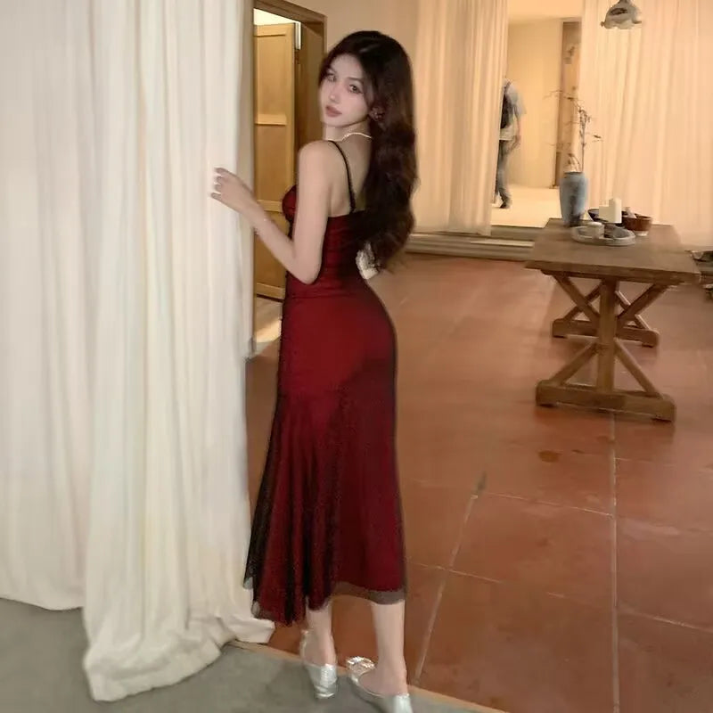 Elegant Wine Red Bodycon Corset Maxi Dress for Women