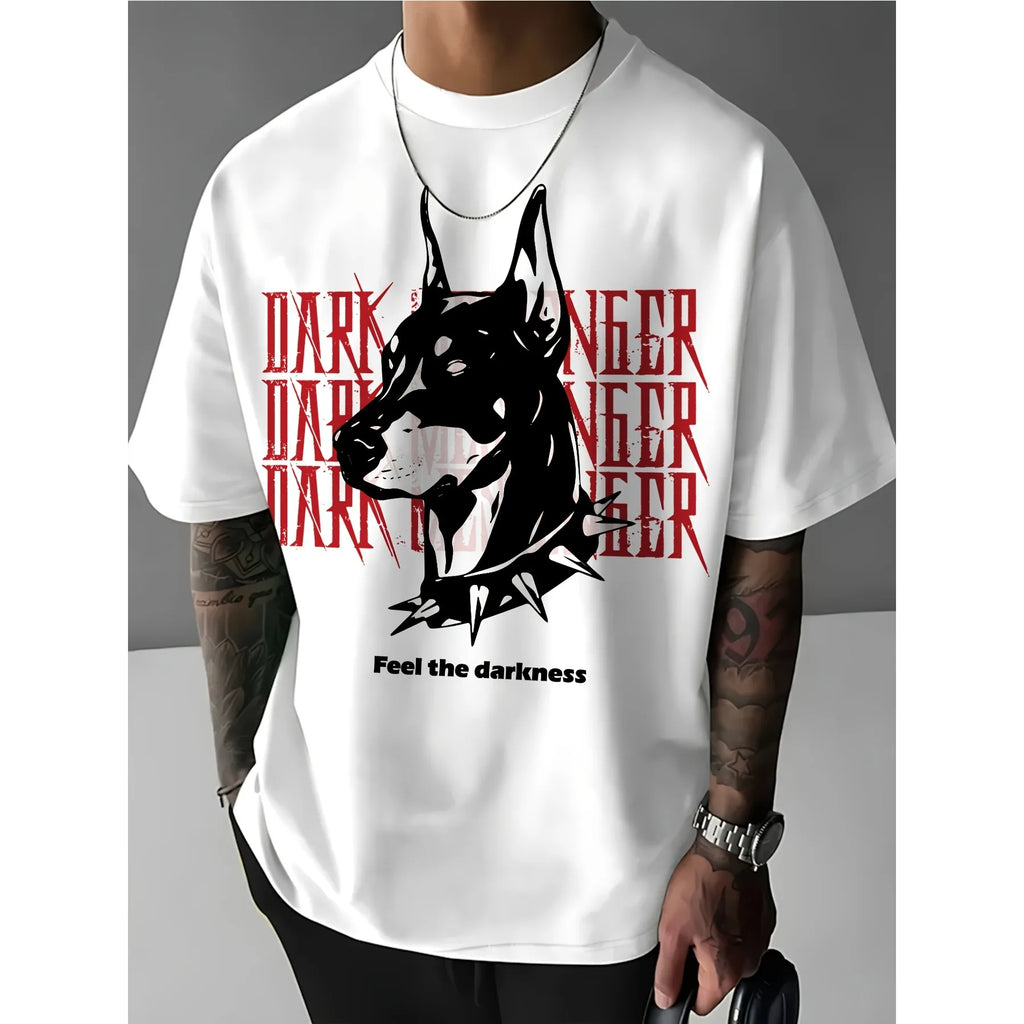 Men's Loose T-shirt - Dark Aesthetic Doberman Print - Street Style Casual Wear - Breathable Cotton Round-neck Short-sleeved Top