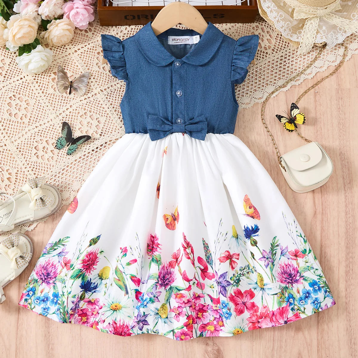 Denim Print Casual Dress for Girls with Bow and Ruffled Sleeves
