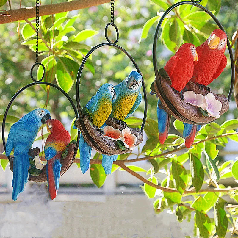 Mother Child Parrot Resin Garden Statue for Outdoor Decor