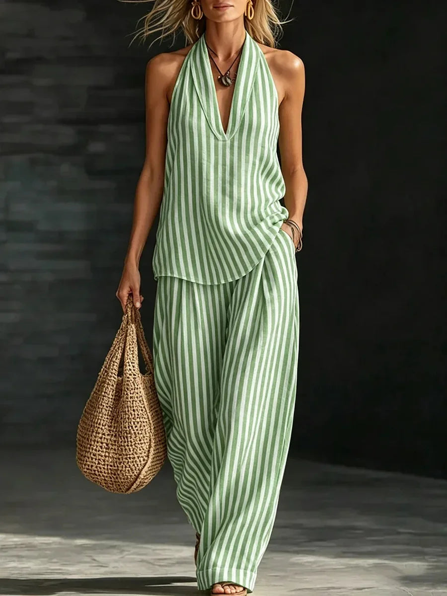 Chic Striped Wide-Leg Pants and Halter Top Set for Women