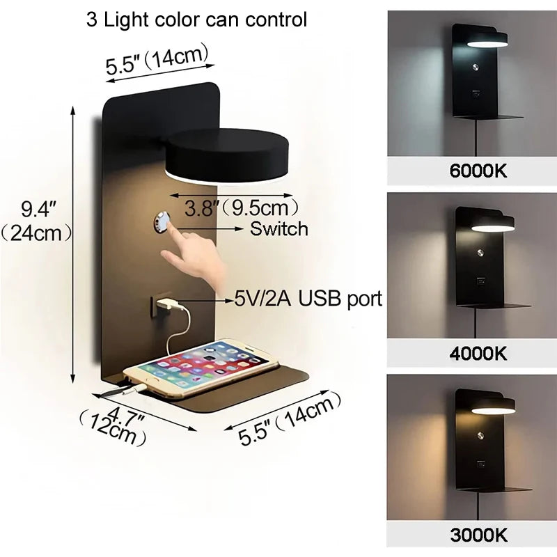 Modern Black LED Wall Lamps with USB Charging for Home