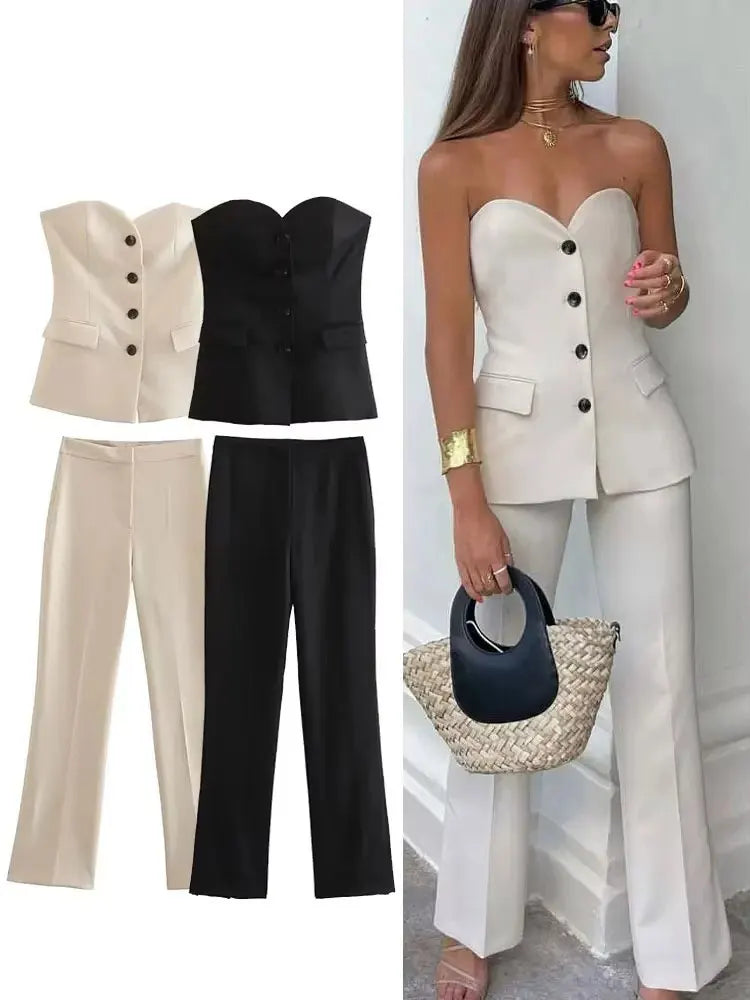 HH Women Solid Pant Suit Strapless Tank Tops and Slit Trousers