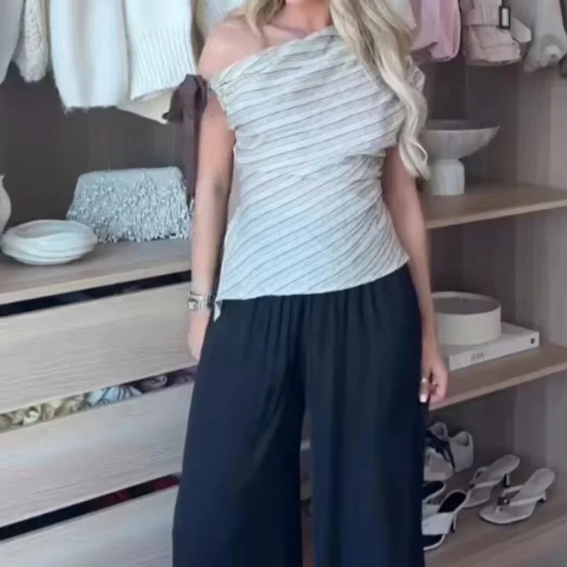 Women's Top T-Shirt 2026 Summer Fashion Casual Striped Bowknot Decoration Asymmetrical Sleeveless Elegant Unique Everyday Street