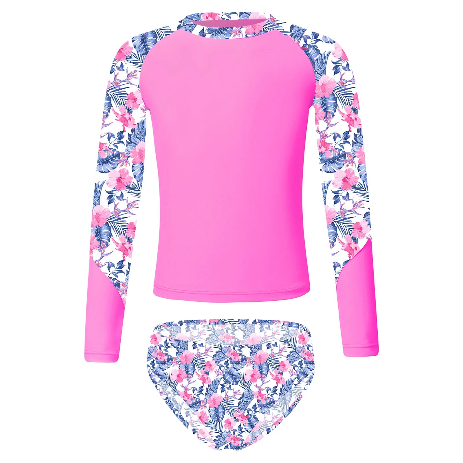 Kids Girls Long Sleeve Print Swimwear with Briefs for Beach