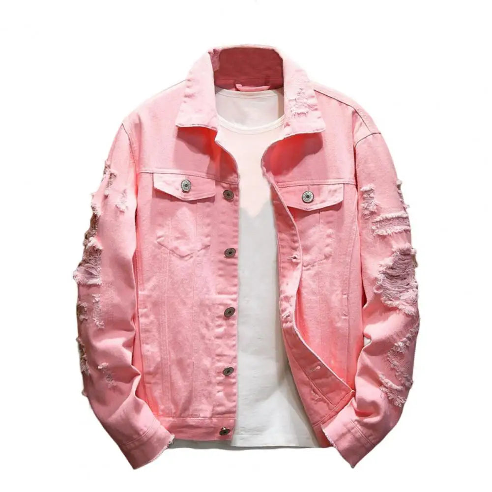 New 2024 Men's Fashion Jeans Jacket Solid Spring Autumn Cotton Denim Jacket Men White Black Pink Ripped Hole Jean Coats Male