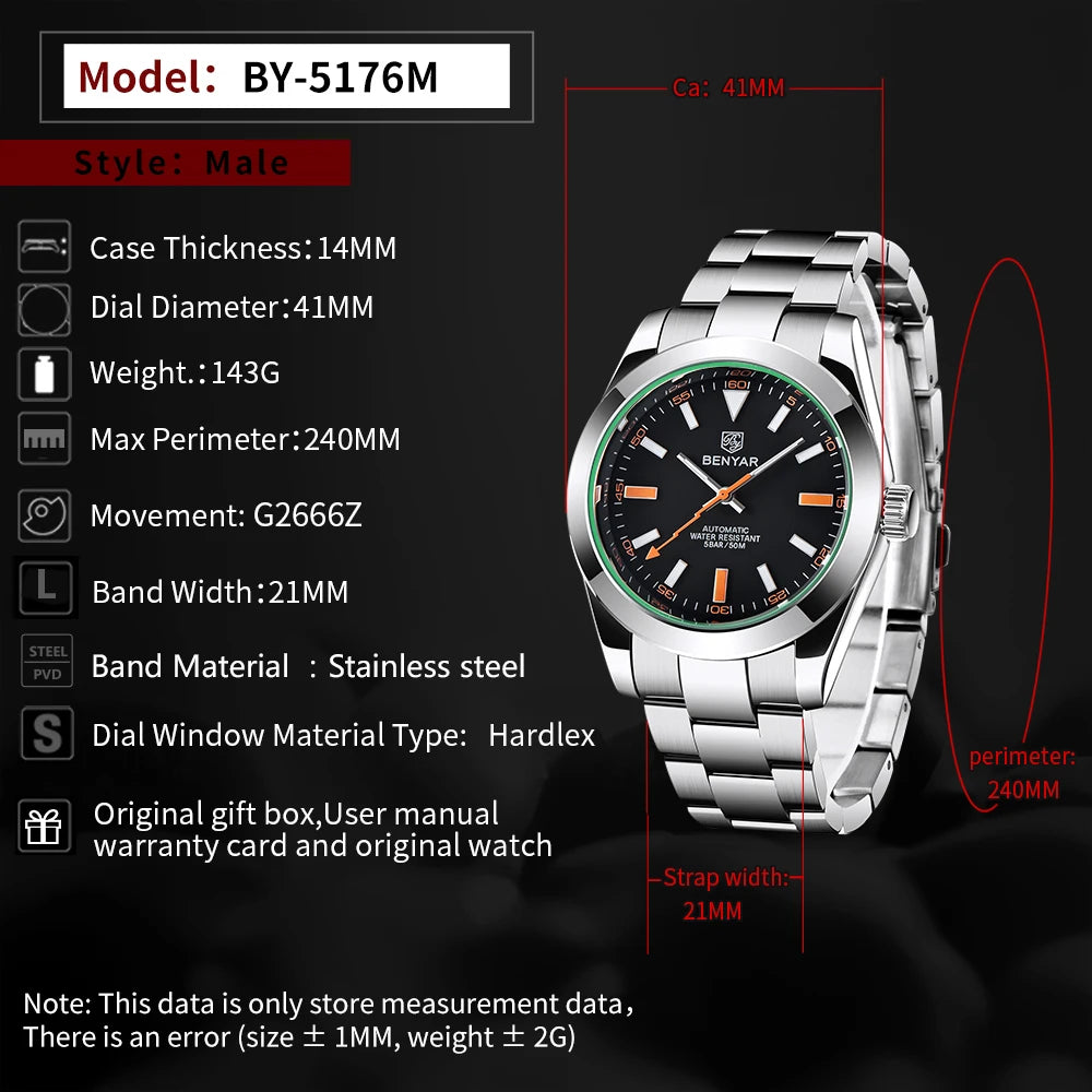 Benyar 41mm Men's Automatic Mechanical Watch Stainless Steel