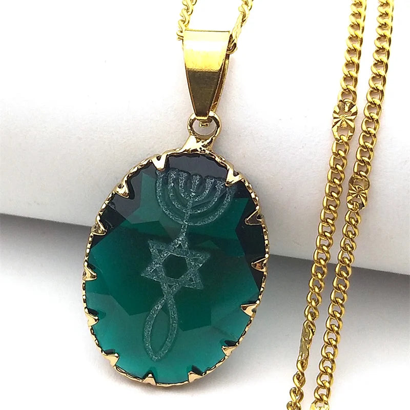 Gold Glass Menorah Star David Necklace for Unisex Fashion