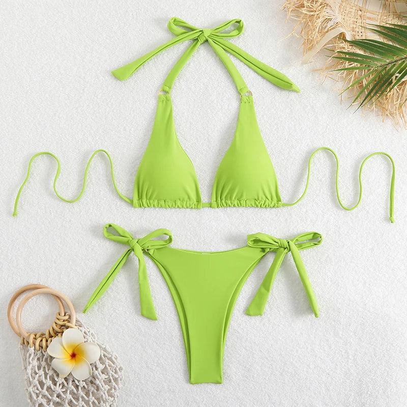 Nylon Beach Style Halter Neck Bikini Set for Women