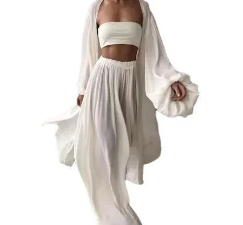 Comfortable Women Lantern Sleeve Cardigan and Wide Leg Pants Set