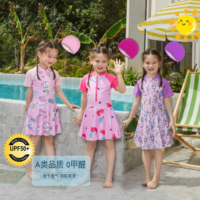 Girls' Cartoon One-Piece Swim Dress in Elastane for Spring