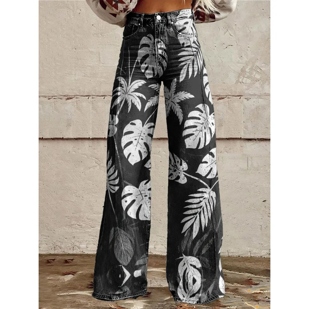 Colorful Tropical Leaf Print Wide Leg Pants for Women