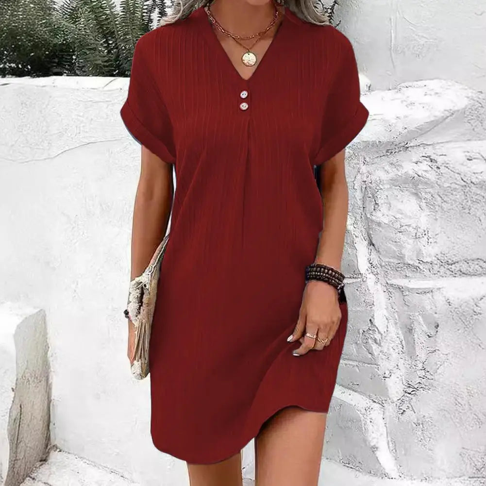 Summer Women V Neck Button Dress in Soft Polyester