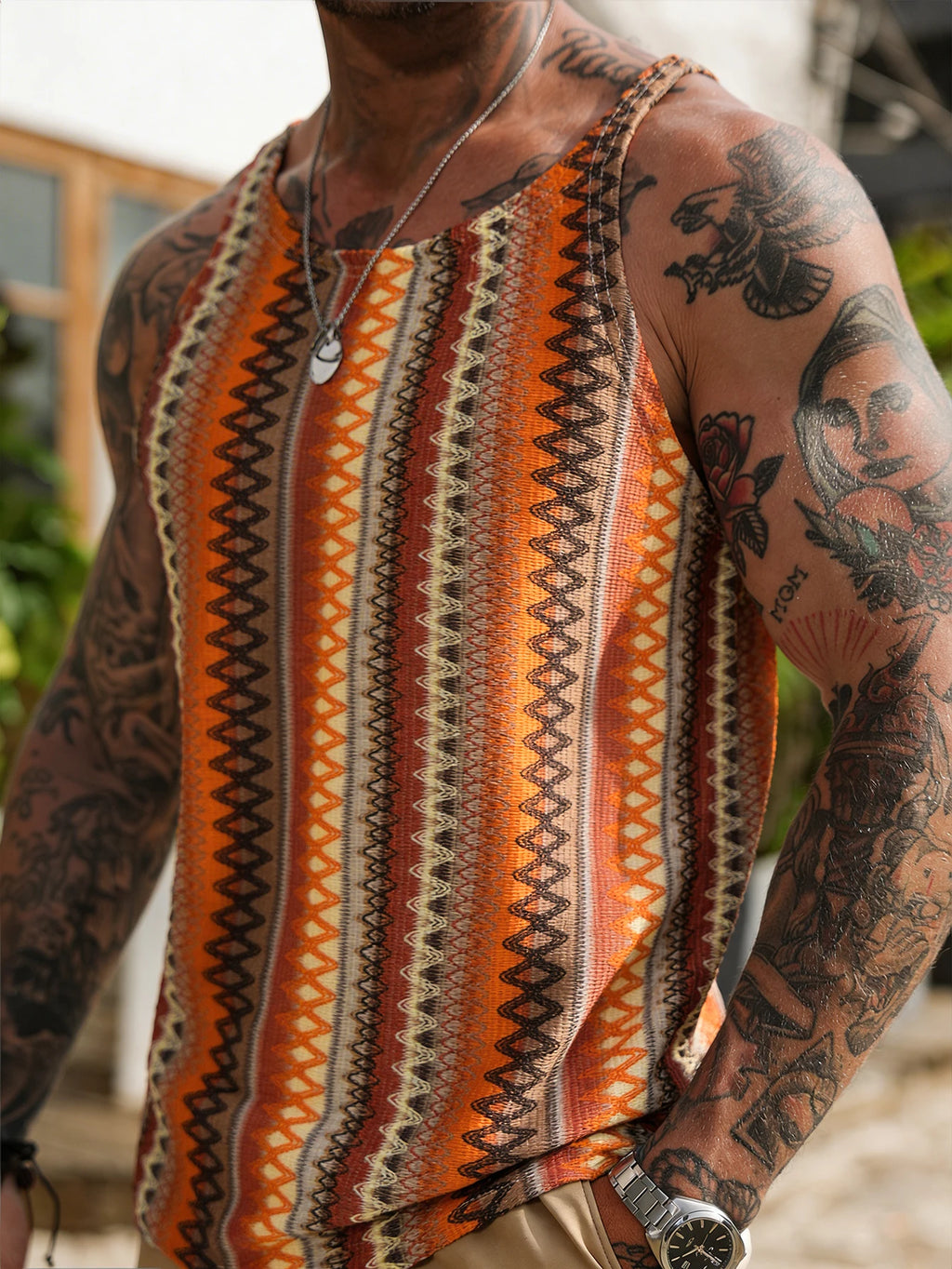 Summer New Men's Bohemian Style Fitness Tank Top, Ethnic Geometric Print Shoulder-Width Sleeveless Shirt