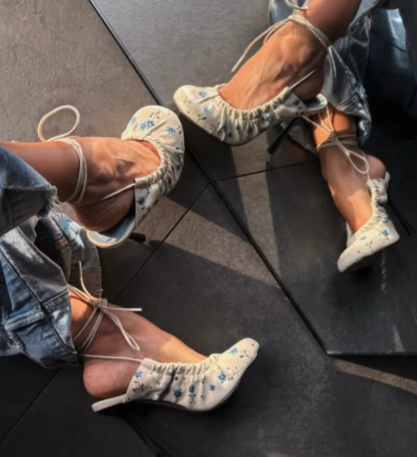 Women's 2026 new in blue flower round toe sandals leather lace up white sexy high heels luxury designer party shoes on offer