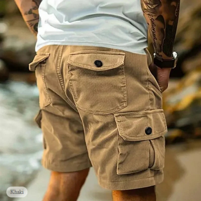 Men's Workwear Shorts Summer Casual Corduroy Loose Elastic Waist Multi-Pocket Leisure Pants Embroidery Retro Style Male Trousers