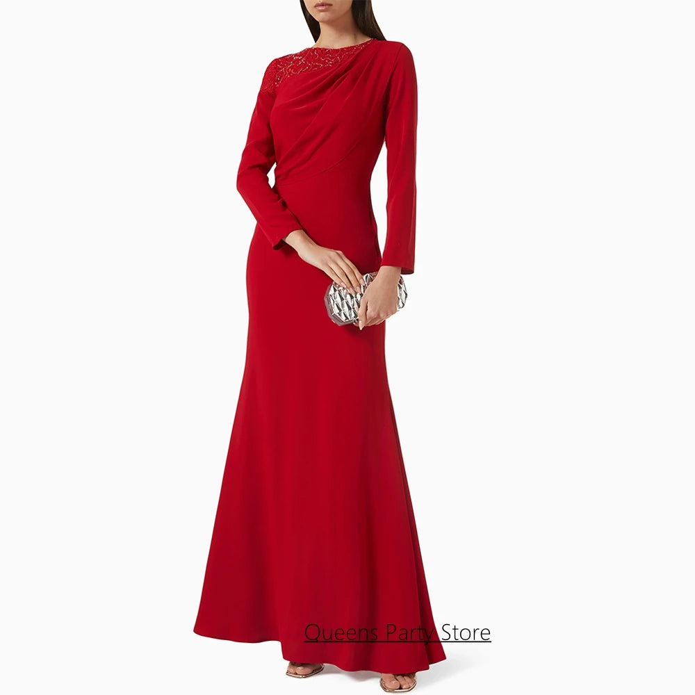 Custom Red Evening Dress with Sequined Lace and Full Sleeves