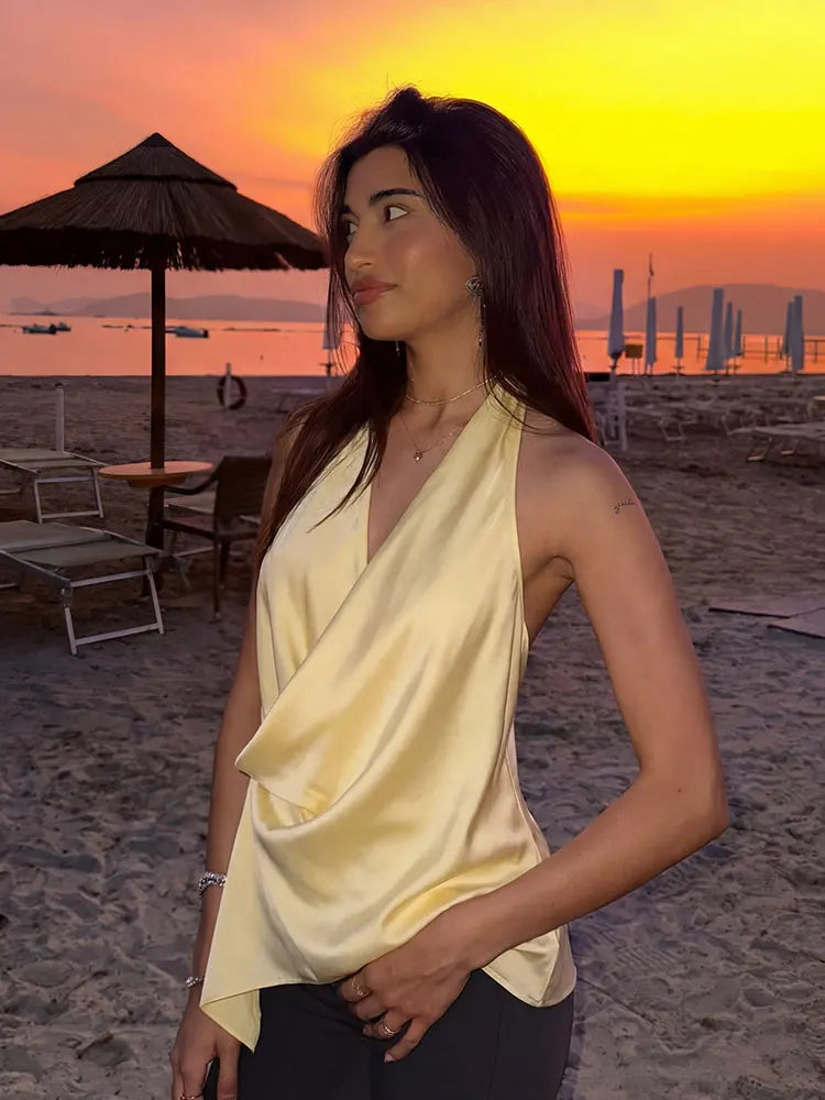 HH Women Elegant Satin Halter Neck Top With Draped Cowl Neck Asymmetric Hem Blouse for Woman Summer Casual Party Yellow Tops