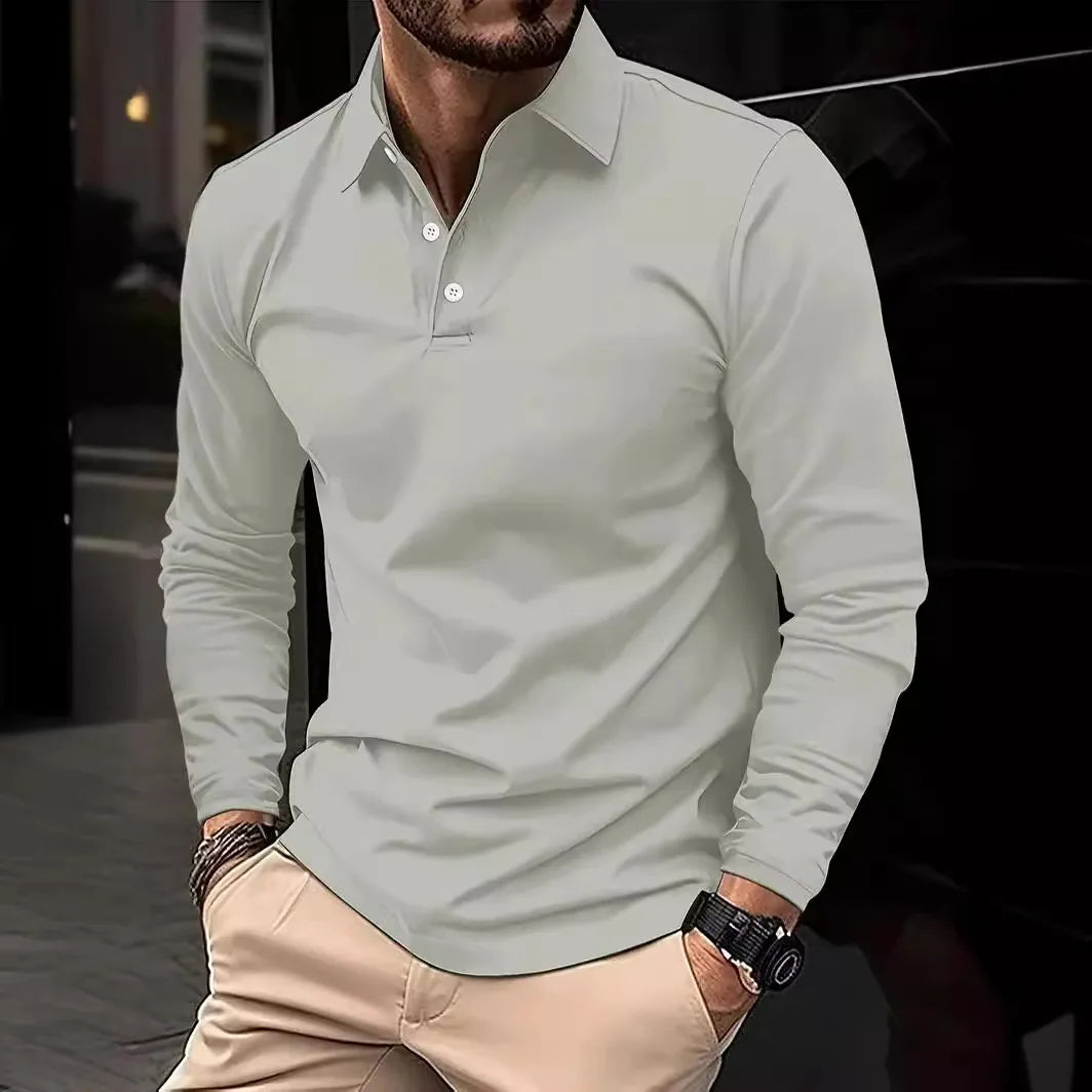 2024 Autumn Men's Polo Shirts Turn-Down Collar Solid Long Sleeve Smart Casual Polos Man Fashion Breathable Loose Tees Tops Men
