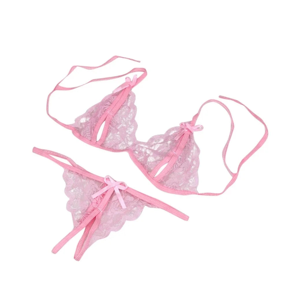 Lace Up Bra and Open Crotch G-String Set for Women