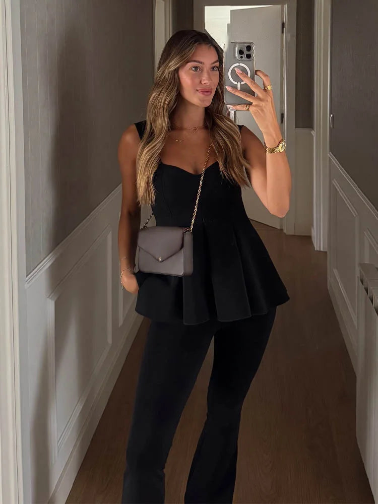 Stylish Sleeveless Top and High Waist Flare Trousers Set
