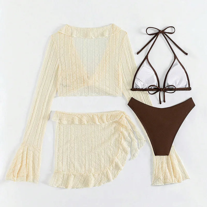 Chisalis Solid Bikini Set with Long Sleeve Cover-up