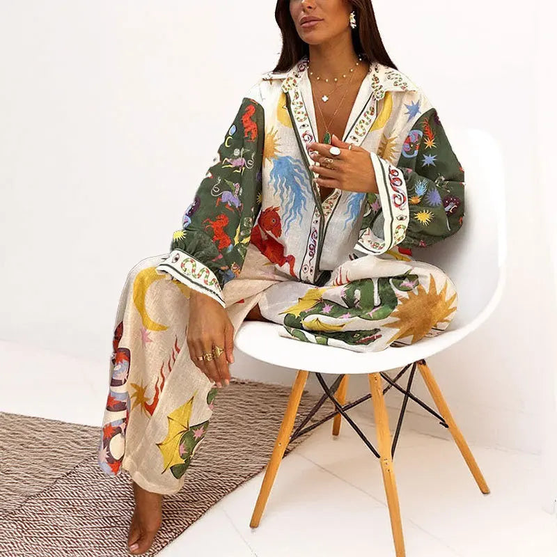 Floral Print Women Suit Set with Loose Blouse and Pants