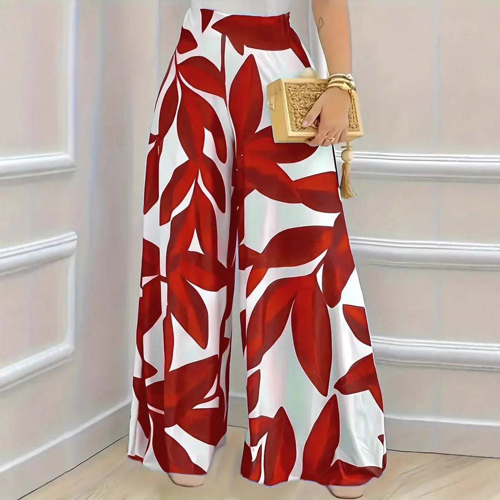 Elegant Boho Wide-Leg Trousers for Women in Blue Leaf Print