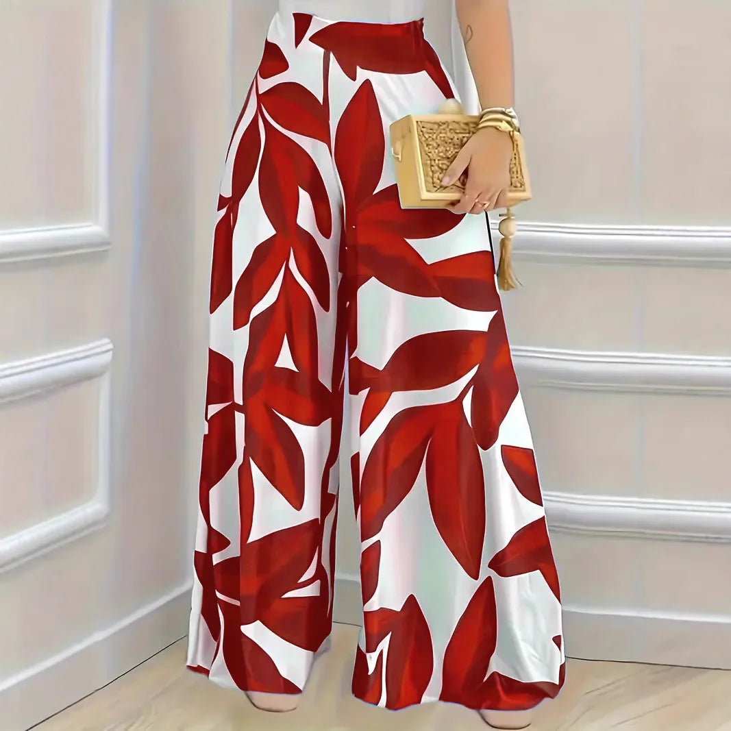 Elegant Boho Wide-Leg Trousers for Women in Blue Leaf Print