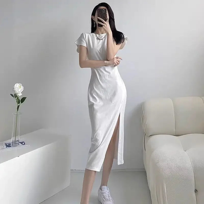 Chic White Cotton Blend Midi Dress for Women