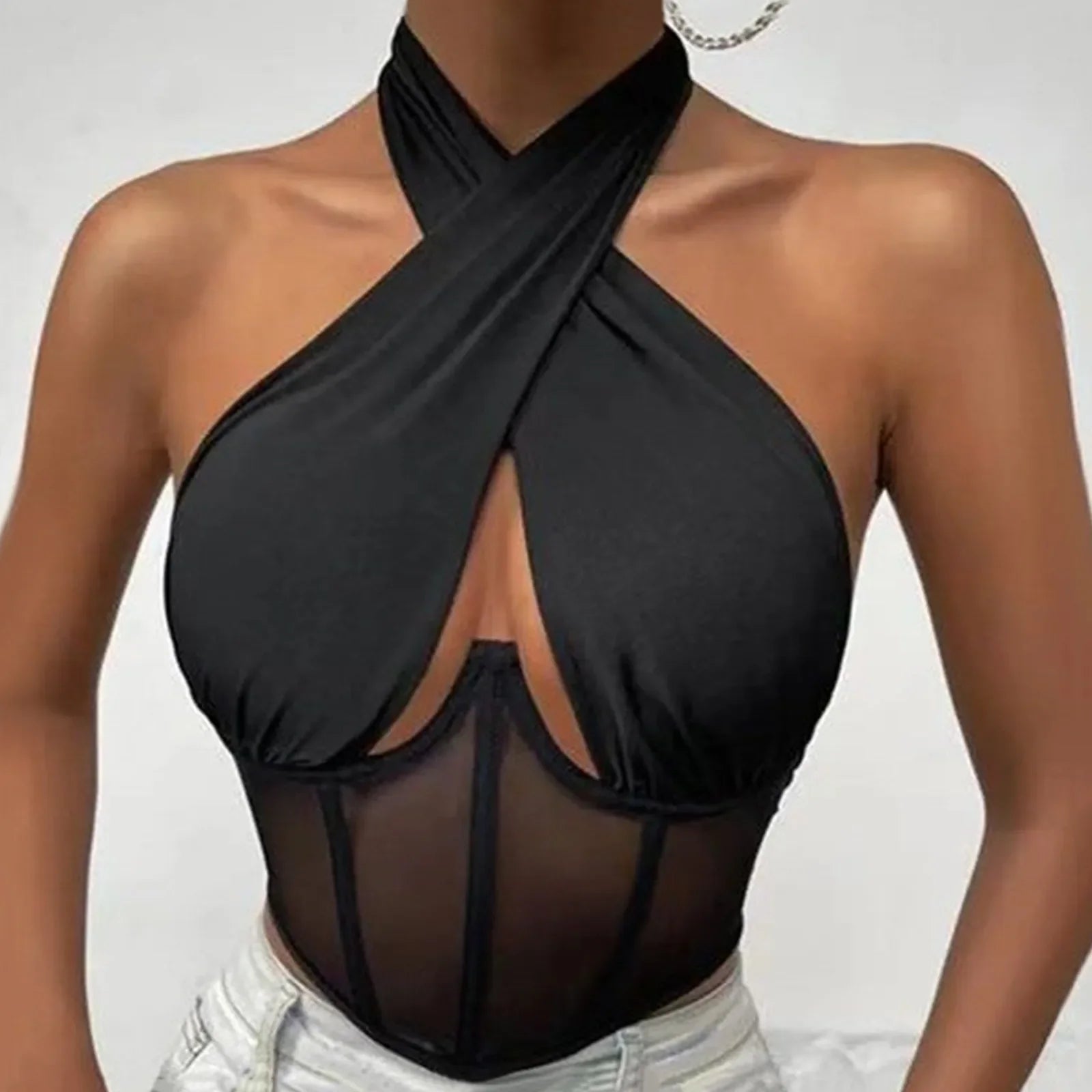 Cotton Stretch Halter Top for Women with Irregular Neckline