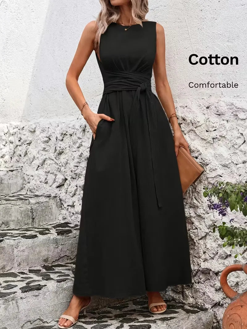 Elegant A-Line Midi Dress for Women in Solid Color