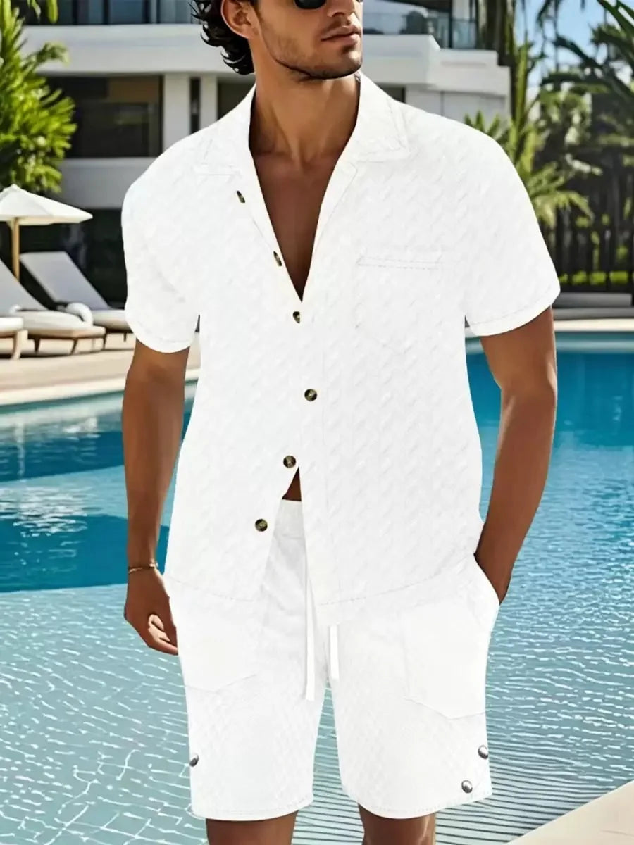 Hot Sale Men's Short-Sleeved Sets Summer Solid Loose Casual Suit Beach Style Turn-down Collar Shirts Shorts 2 Piece Sets for Men