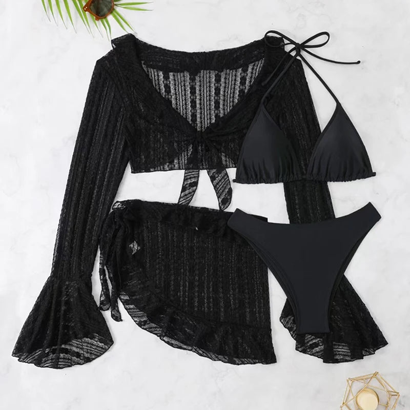 Chisalis Solid Bikini Set with Long Sleeve Cover-up
