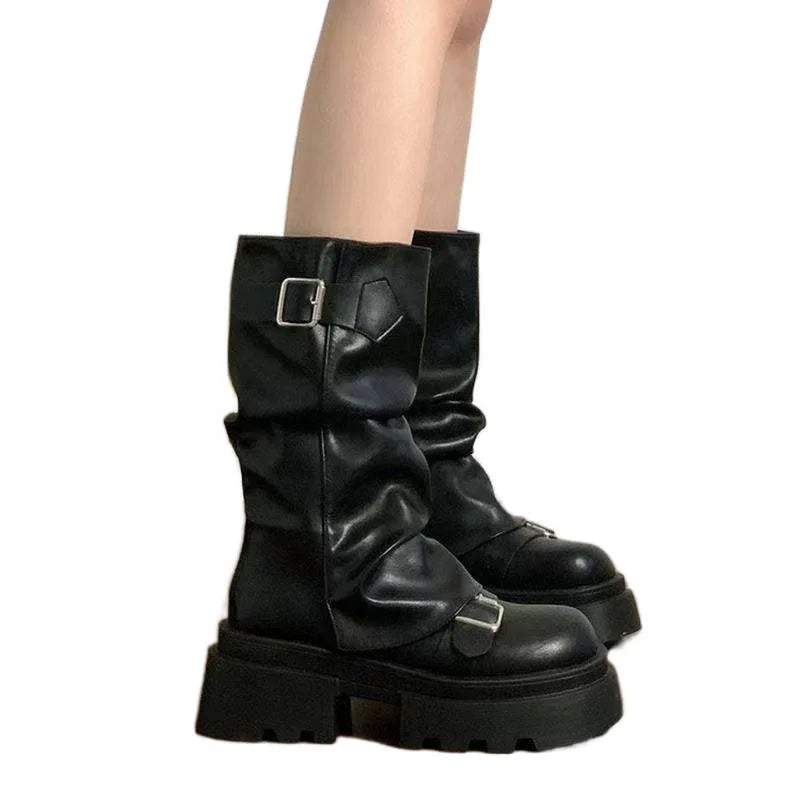Mid-Calf Women's Platform Boots with Buckle and Side Zip