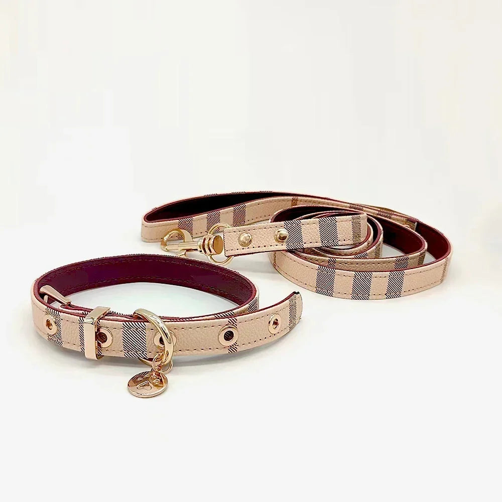 Stylish Plaid Leather Collar and Leash Set for Pets