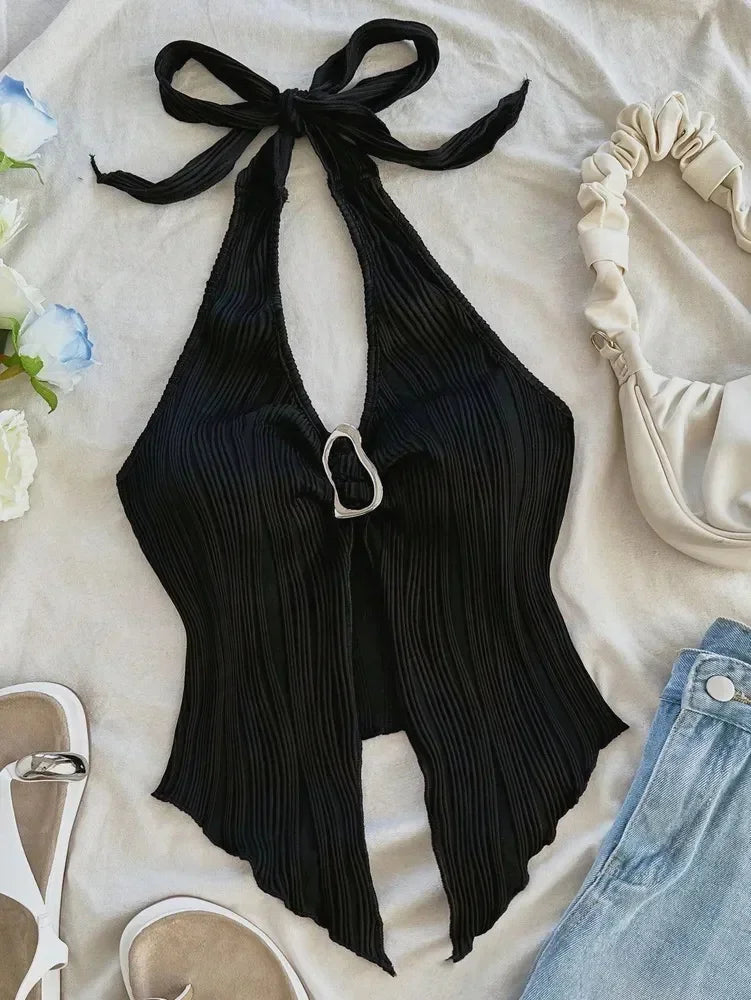 Women's Sexy V-neck Halter Neck Crop Top in Solid Colors