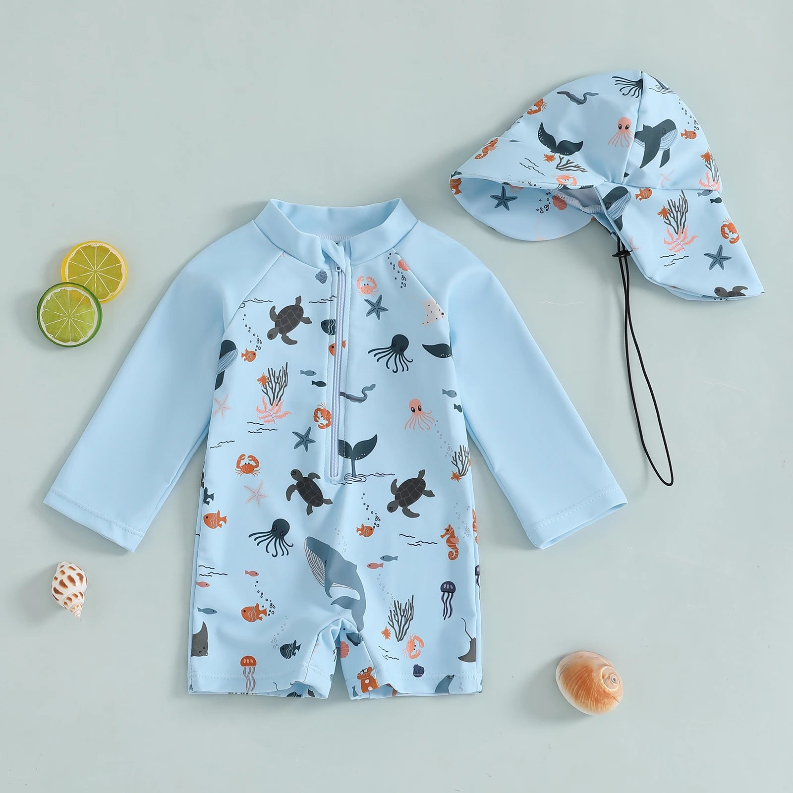 Boys Long Sleeve Marine Animal Print Swimwear with Hat