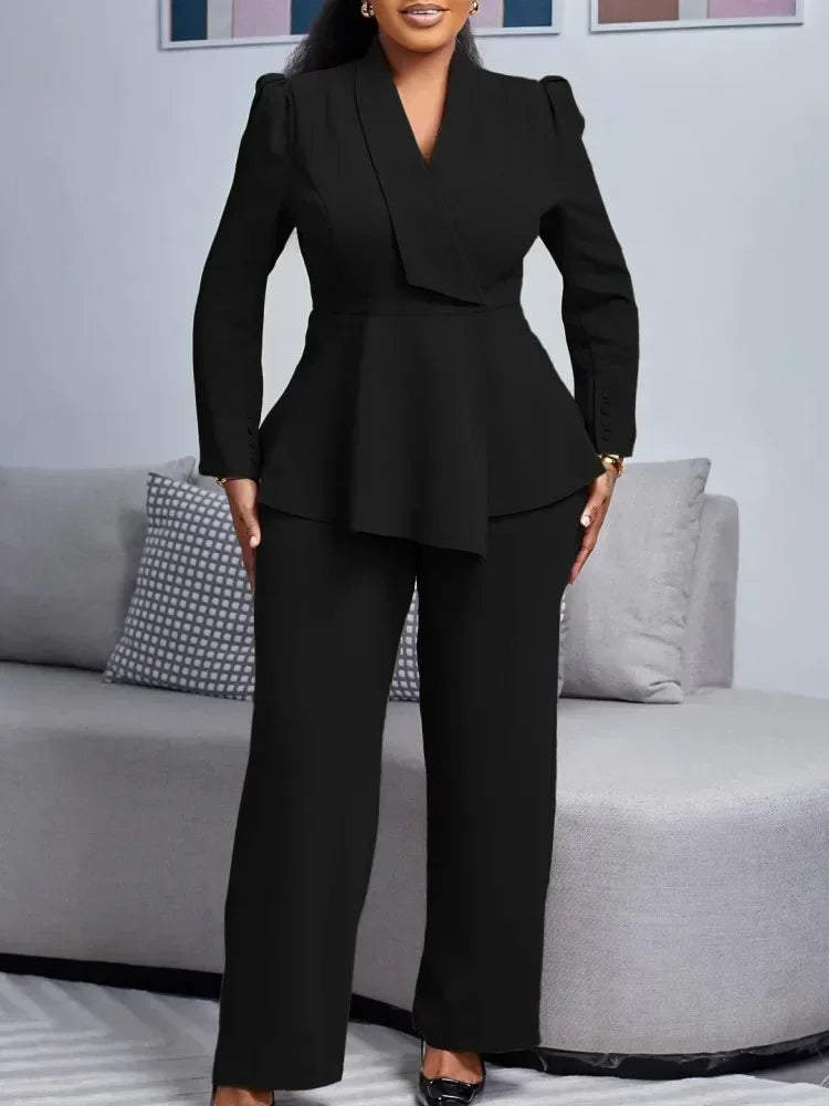Chic Plus Size Women Blazer Coat and Tailored Pants Set