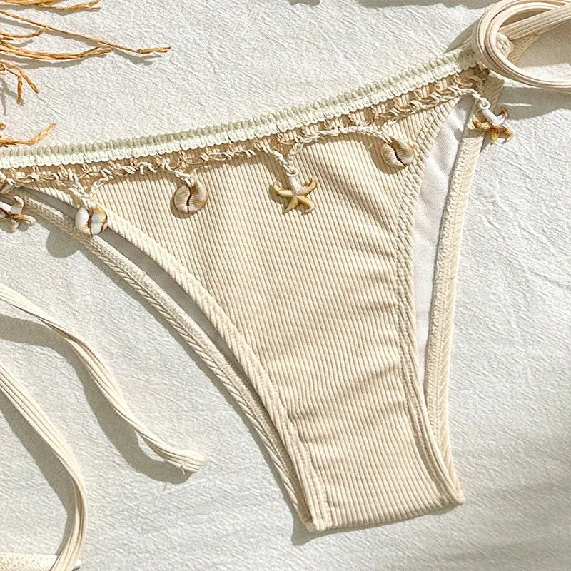 Beige Ribbed Two Piece Bikini Swimsuit for Women
