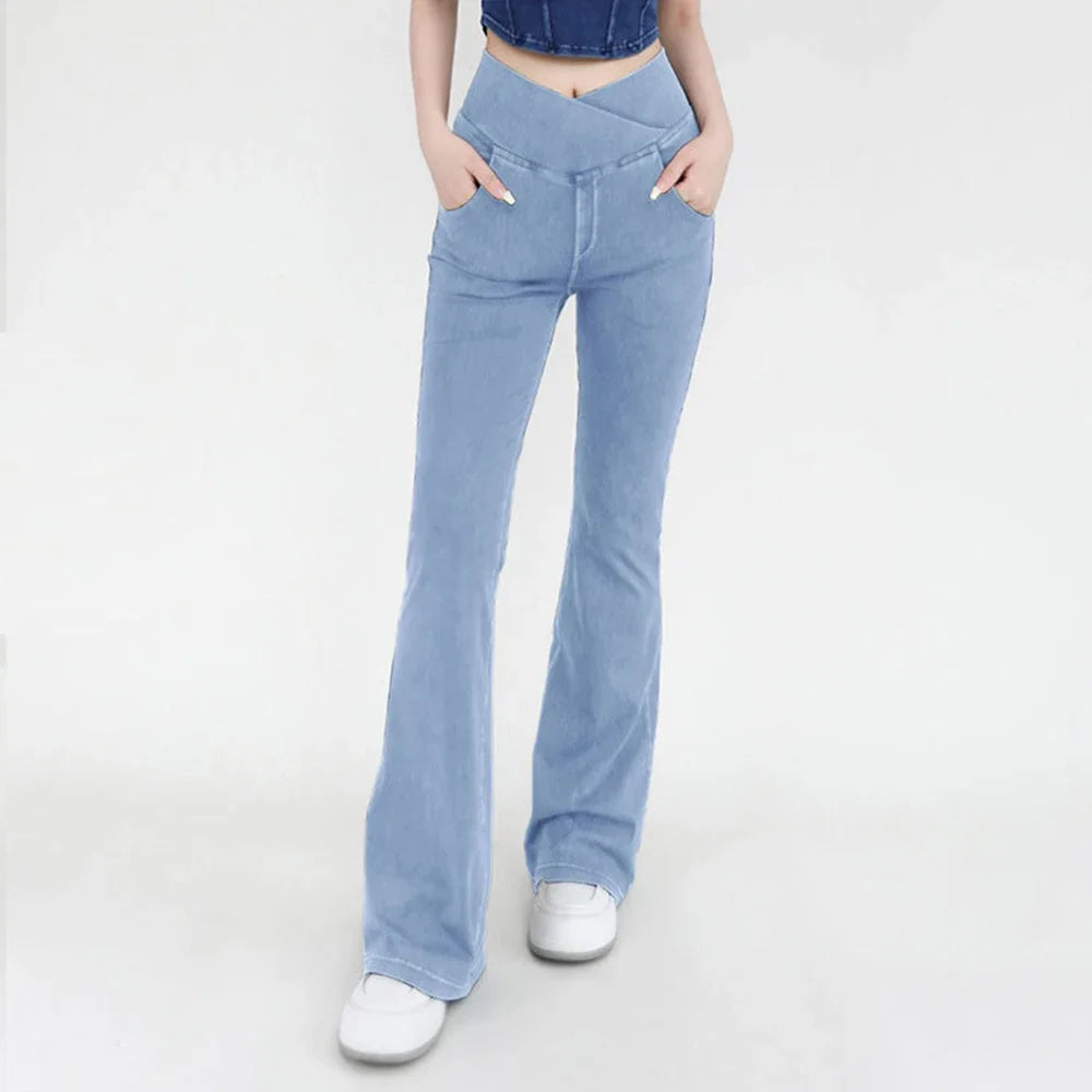 Flared Yoga Jeans for Women with Elastic Waist Design