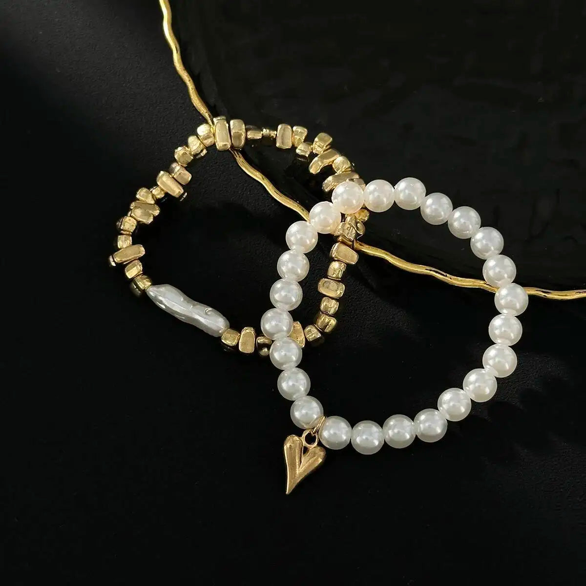 Elegant Imitation Pearl Bracelet Set for Women with Heart Pendant