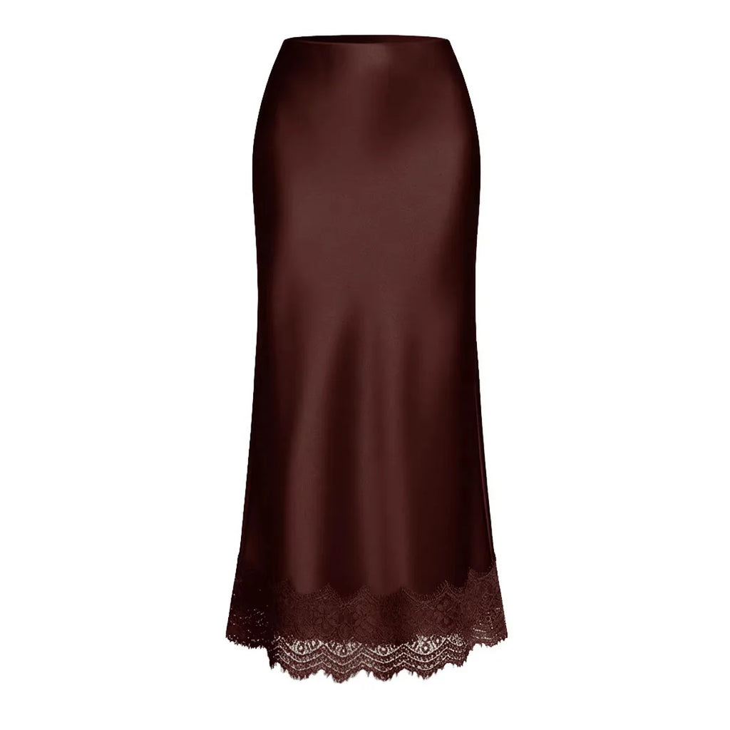 Elegant Satin Midi Skirt for Women with Lace Detail