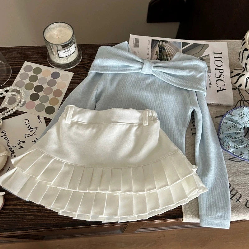 Korean Style Girls Two Piece Set with Elegant Pleated Skirt