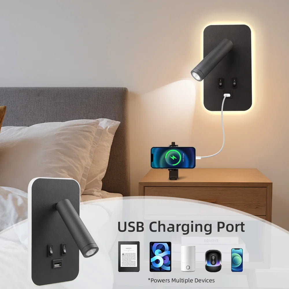 Modern LED Wall Lamp for Bedroom Reading in Black Plastic