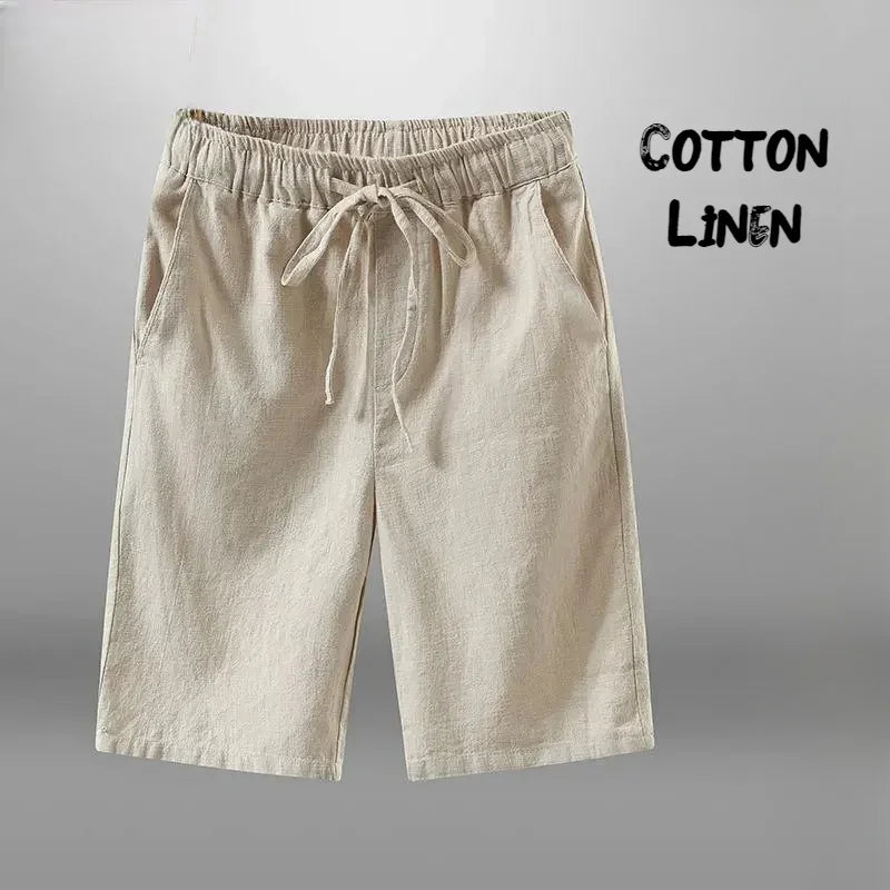 Men's Cotton Linen Casual Knee Length Beach Shorts