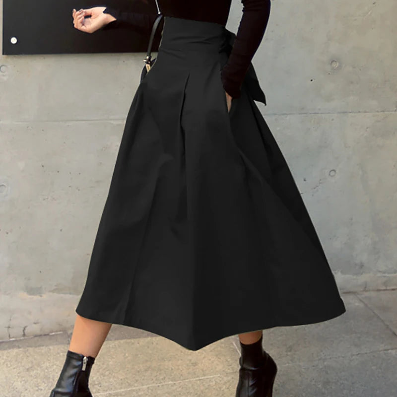 Long A-Line Skirt for Women in Solid Color with Bow Detail